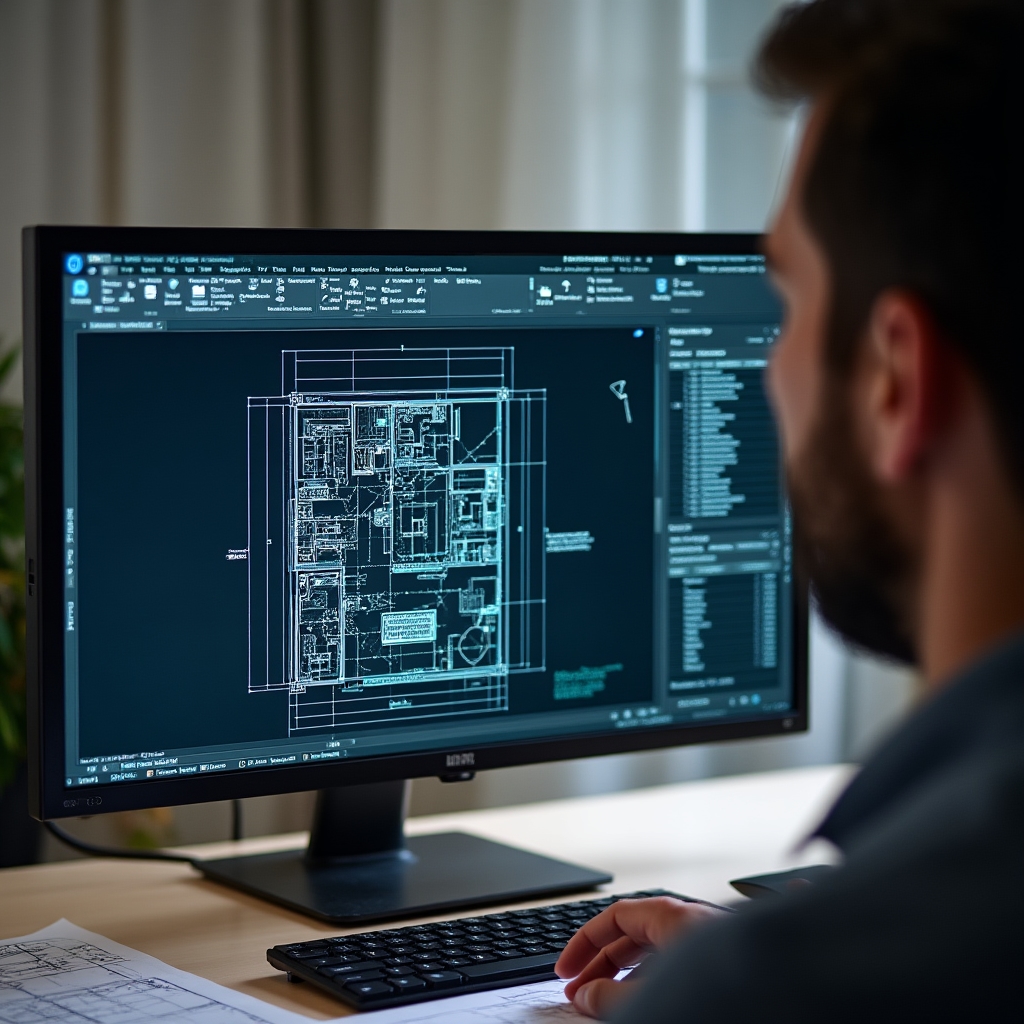 Computer screen showing a detailed CAD floor plan with room dimensions and measurements