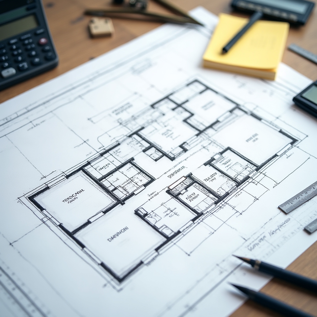 Technical floor plan being drafted on a professional drafting table with precise measurements
