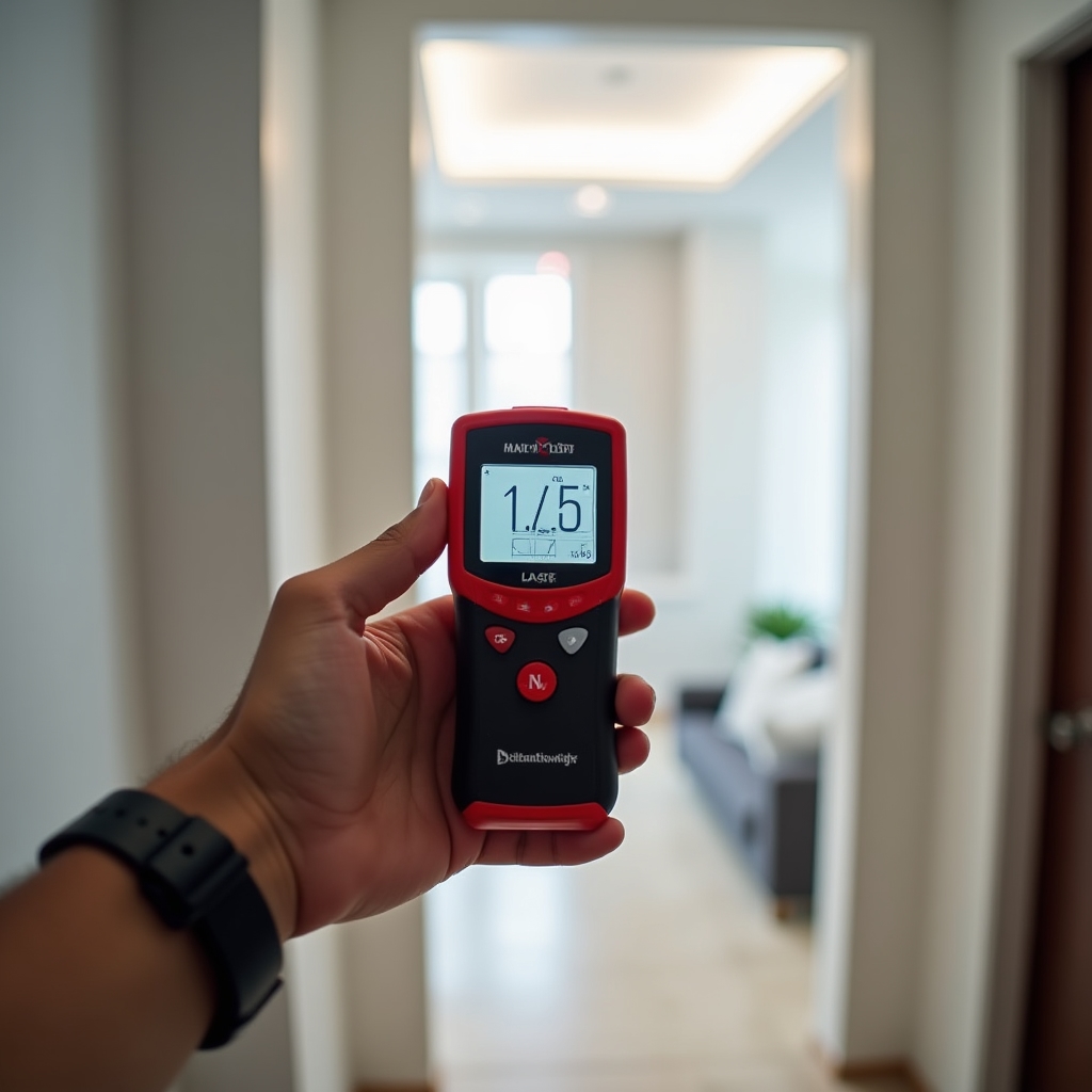 Close-up of a professional laser distance measurement device being used on a property interior