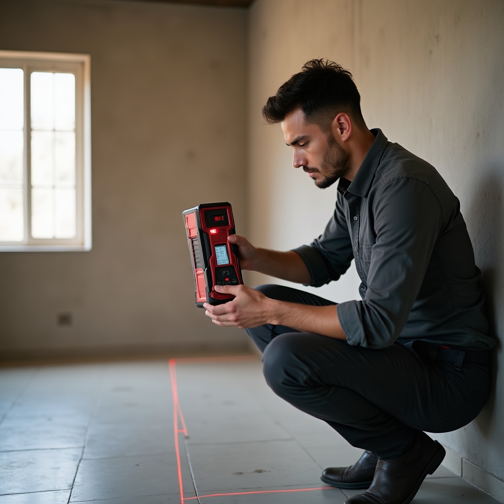 Technician performing laser measurement inside a property in Paraguay