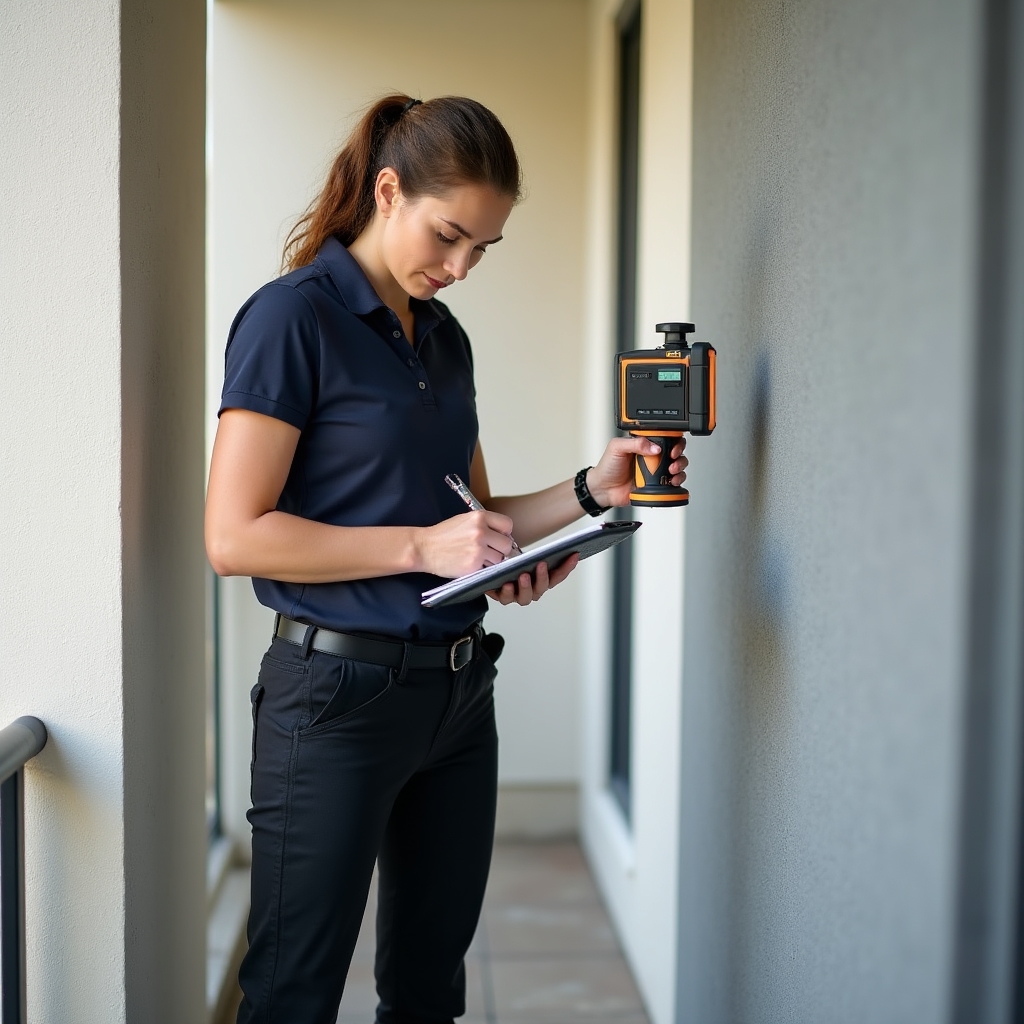 Technician using laser measurement device on exterior wall of a property in Paraguay